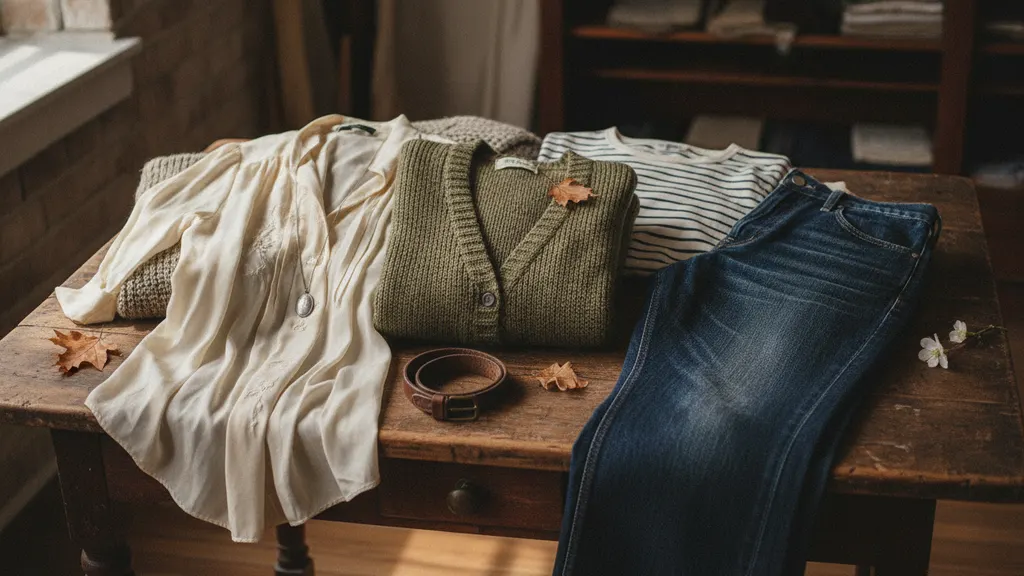 Five vintage wardrobe pieces laid flat: a shearling coat, straight-leg denim, a wool knit, a silk blouse, and wool trousers