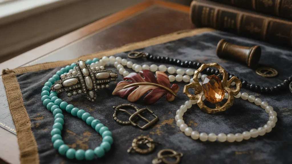 Vintage costume jewelry sorted on cream paper: carved Bakelite bangles, a celluloid floral brooch, and foiled rhinestone clip earrings