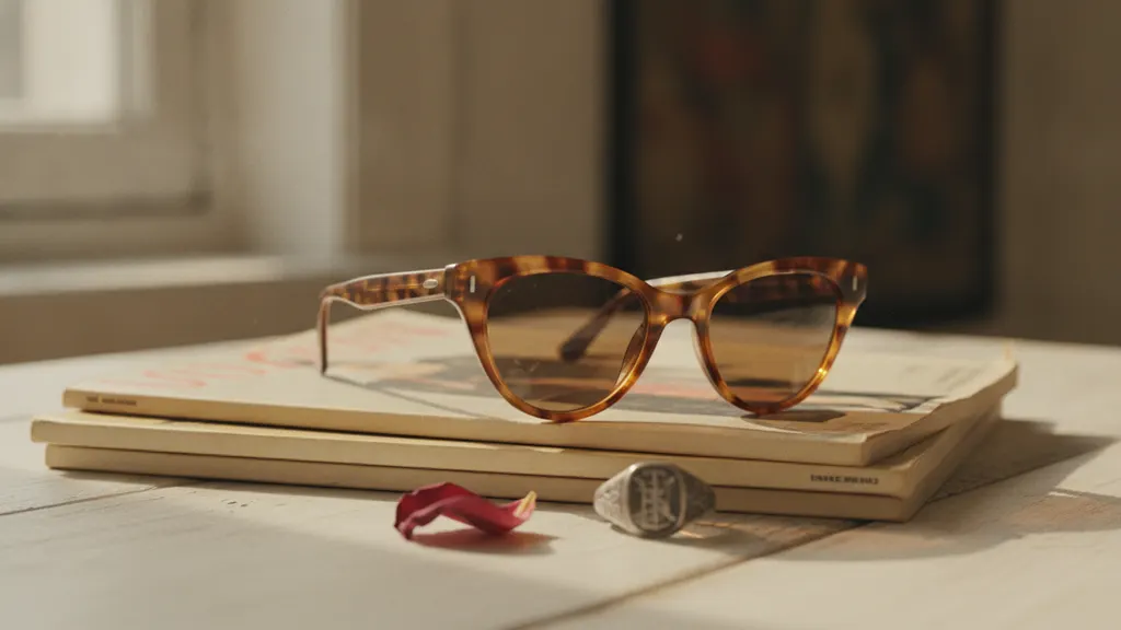 Vintage designer sunglasses frames laid on cream paper beside a loupe and the original leather case