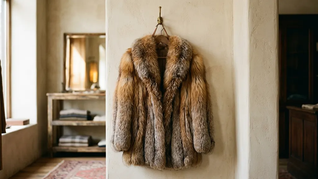 Vintage fox fur coat hanging on a wide wooden hanger inside a breathable cotton garment bag for proper summer storage