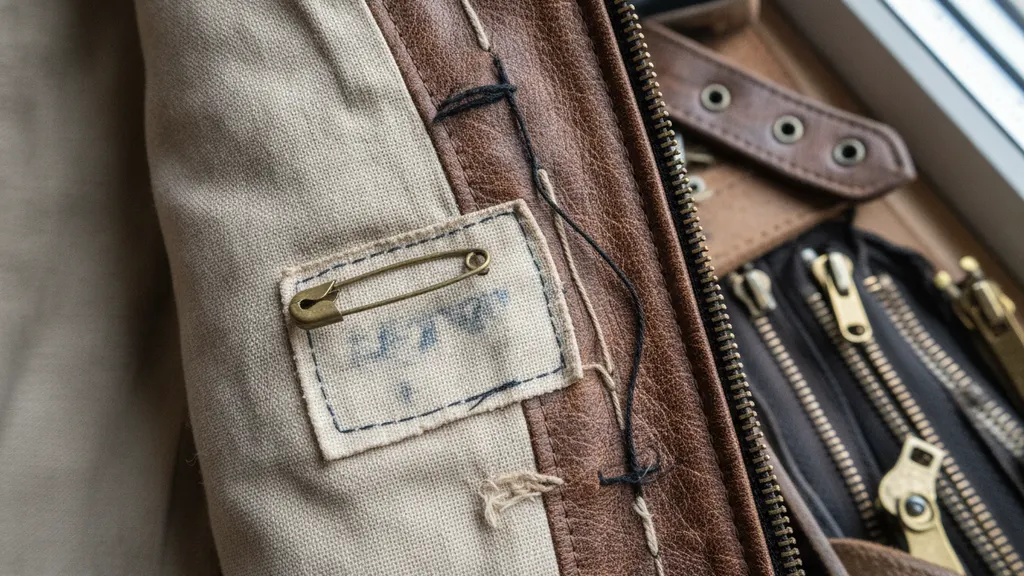 Close-up of a vintage Schott Bros leather jacket interior label showing RN number and union tag