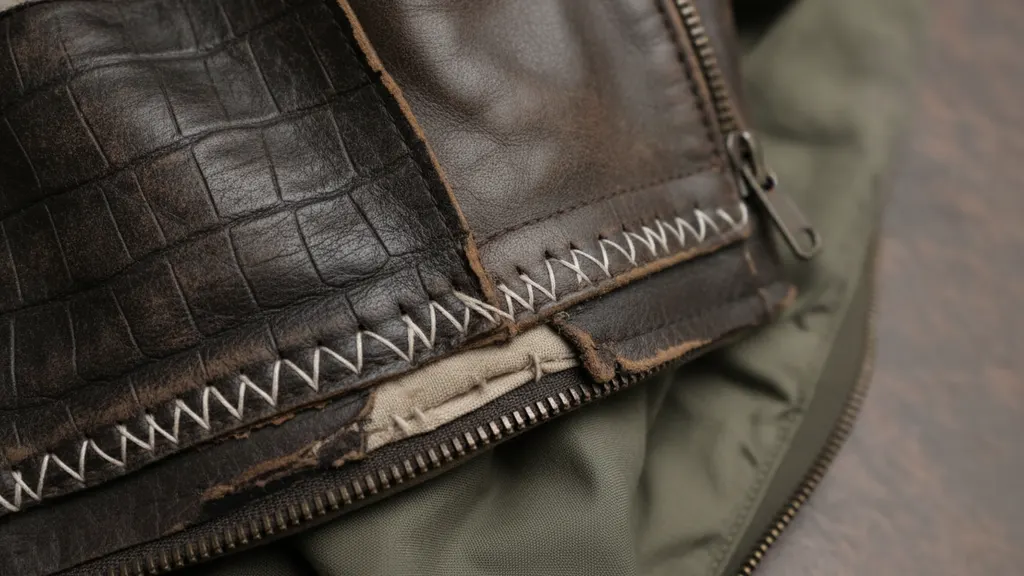 Side-by-side comparison of authentic vintage leather jacket lining stitching versus modern reproduction stitching