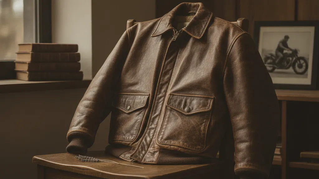 Close-up of a 1965 vintage leather jacket Perfecto with original Talon zipper hardware and amber grain