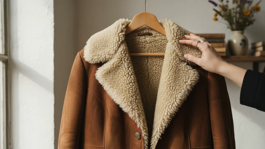 Close-up of a curly mongolian shearling lapel on a 1970s vintage penny lane coat in chocolate suede