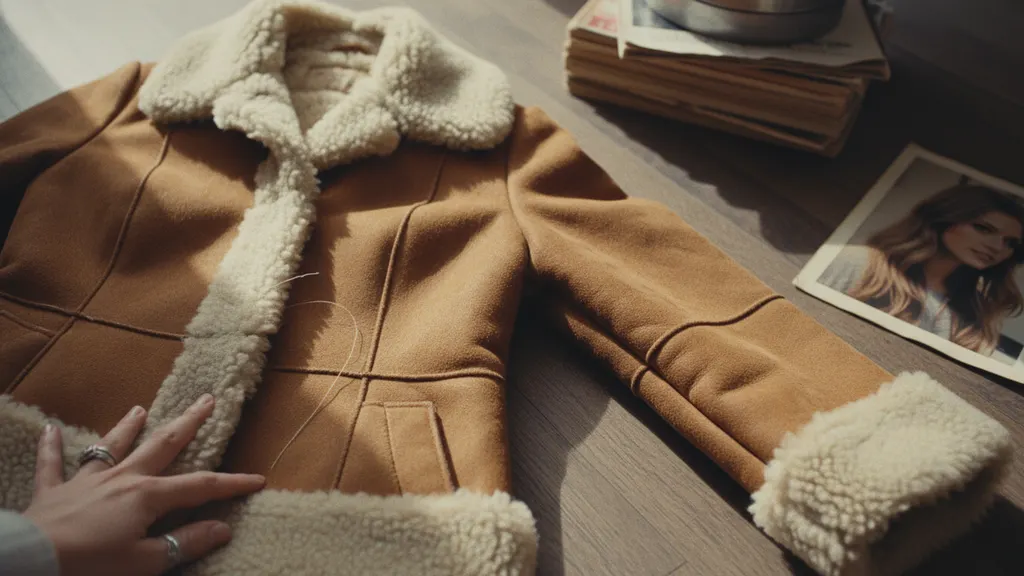 Honey suede vintage penny lane coat styled with flared denim and ankle leather boots in natural daylight