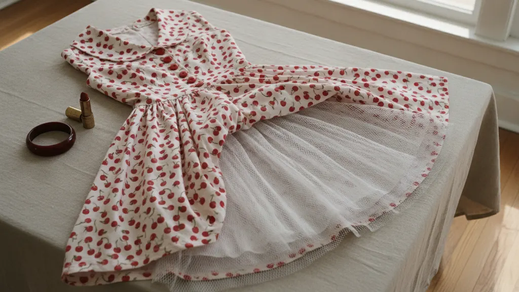 Printed cotton vintage rockabilly dress laid flat with its fitted bodice, full circle skirt, and metal side zipper visible
