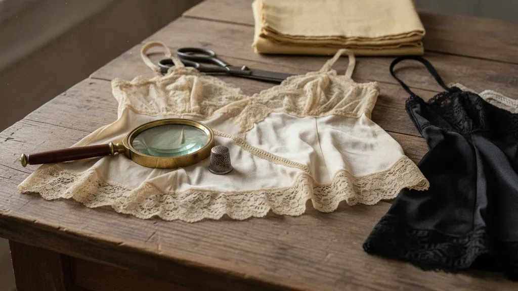 Ivory bias-cut vintage silk slip laid flat beside lace lingerie trims and a woven fiber content label