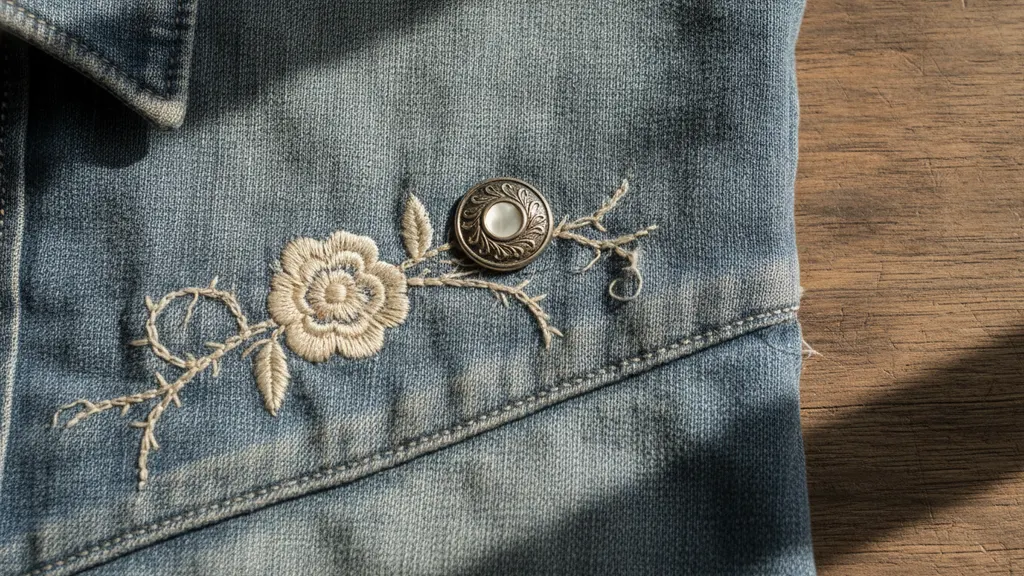 Close-up of a 1950s gabardine vintage western shirt showing ring snaps, a sawtooth pocket flap, and a pointed front yoke