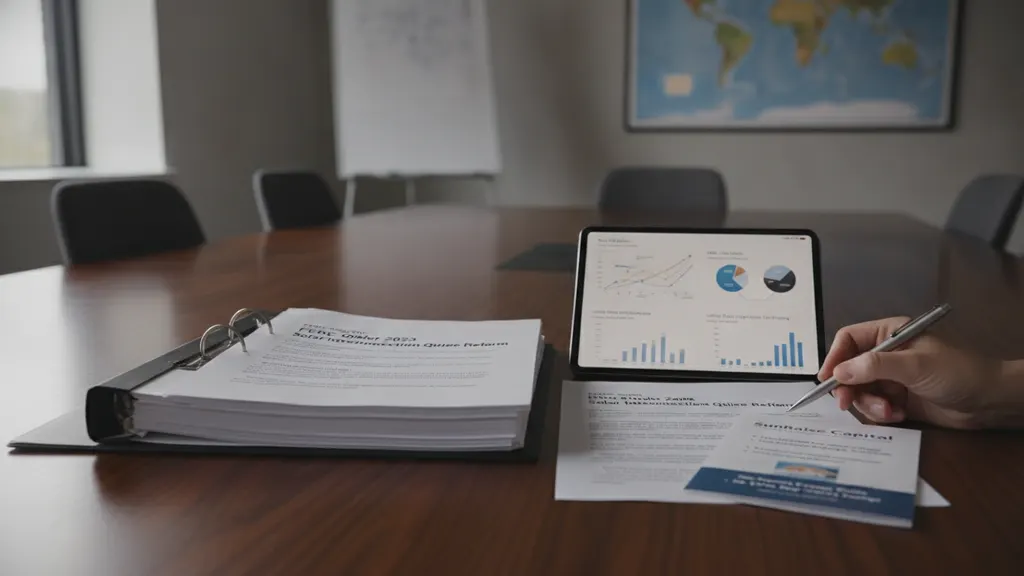 Residential solar installer reviewing interconnection paperwork at a kitchen table under FERC Order 2023 framework