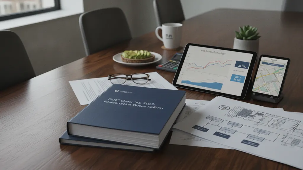 Residential solar installer reviewing interconnection paperwork at a kitchen table under FERC Order 2023 framework