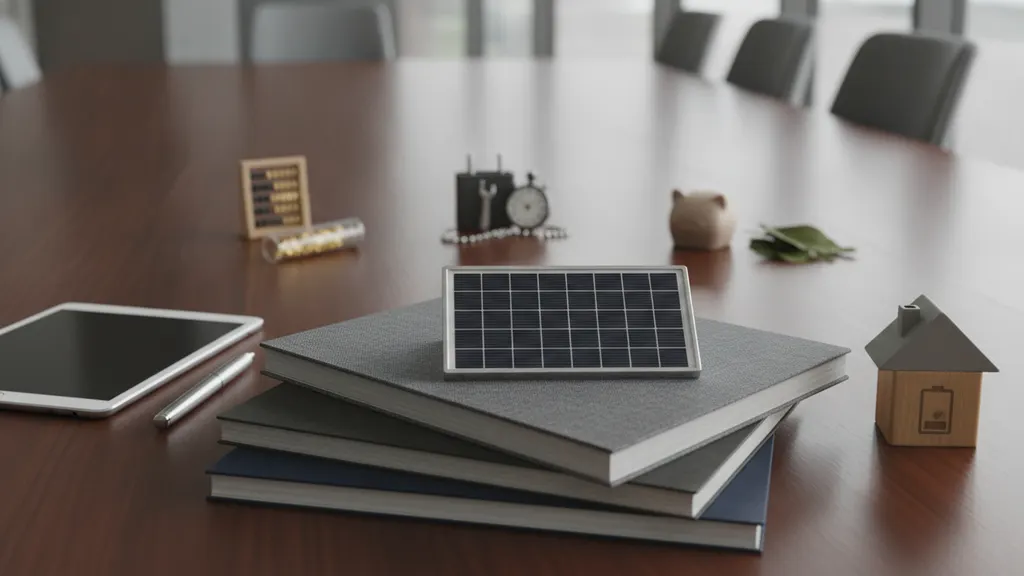 Lender reviewing a battery energy storage augmentation capex schedule beside a co-located solar array